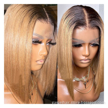 Manufacturer wholesale 100% RAW virgin Brazilian hair.Honey Brown Straight 13*4 Lace front  1b27 Short bob Human Hair Wig